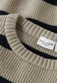 Pull en tricot côtelé avec des rayures horizontales beige et marine, col rond et une étiquette qui indique "basic needs by name it."