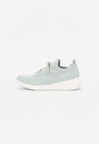 Light blue knitted athletic shoe with lace-up front, white cushioned sole, and sock-like ankle collar, shown in side profile.