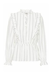 Blusa bianca con righe verticali nere, dettagli arricciati lungo il colletto e l'apertura, vita elasticizzata e maniche lunghe.