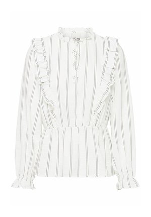 Bijela bluza s crnim vertikalnim prugama, nabranim detaljima duž ovratnika i gumbanja, elastičnim pojasom i dugim rukavima.