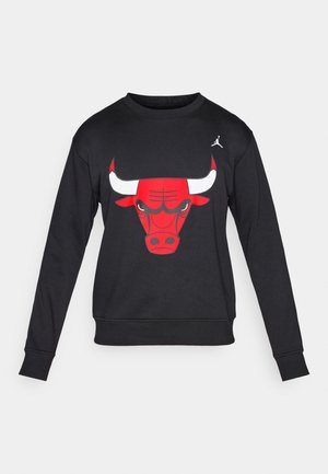 Black sweatshirt with long sleeves featuring a large red Chicago Bulls logo on the front. Includes a white Jordan logo on the shoulder.