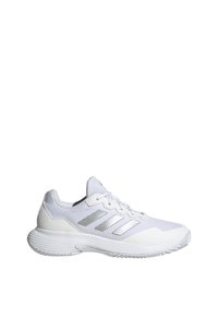 White athletic shoe featuring a mesh upper, textured surface, lace-up design, and silver stripes on the side. Rubber sole with traction patterns.