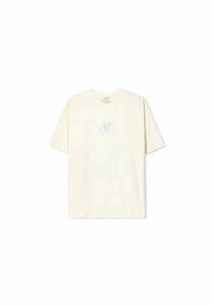 Helles gelbes Baumwoll-T-Shirt mit einer lockeren Passform, kurzen Ärmeln und einem blauen grafischen Logo, das auf der Brust zentriert ist.