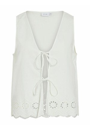 Witte mouwloze top met een diepe V-hals en striksluiting. Bevat oogjes borduurwerk langs de zoom en een gegolfde rand.