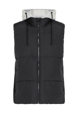 Svart puffervest med grå hette, hel glidelås og snortrekk. Har en glatt tekstur og sidelommer, egnet for lag-på-lag styling.