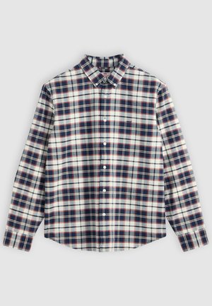 Košile s dlouhým rukávem na knoflíky v námořnické modré, bílé a červené kostkované vzoru, s límečkem zapínaným na knoflíky a bílými knoflíky na přední straně.