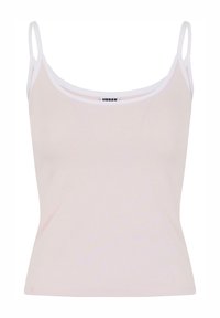 Lys rosa tanktop laget av mykt stoff, med tynne hvite skulderstropper og scoop-halsutskjæring. Glatt tekstur med en tettsittende design.