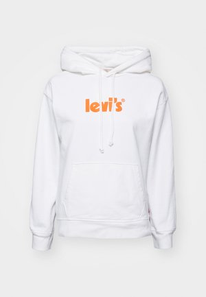 Bela kapuca s kenguru žepom, s narančastim "levi's" logotipom na prsima i uzicama na kapucu. Mekana tekstura tkanine.