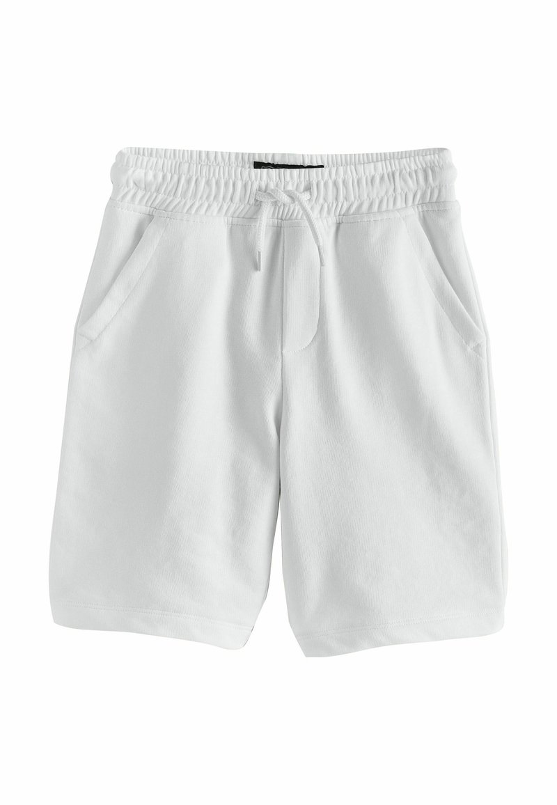 Shorts en coton blanc avec une taille élastique, fermeture à cordon, deux poches latérales et une texture lisse et douce. Design à coupe droite.