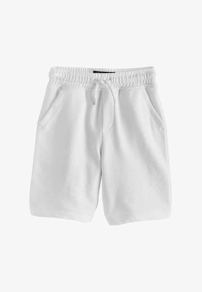 Pantalones cortos casuales blancos con cintura elástica y cordón, con bolsillos laterales, mostrados sobre un fondo blanco.
