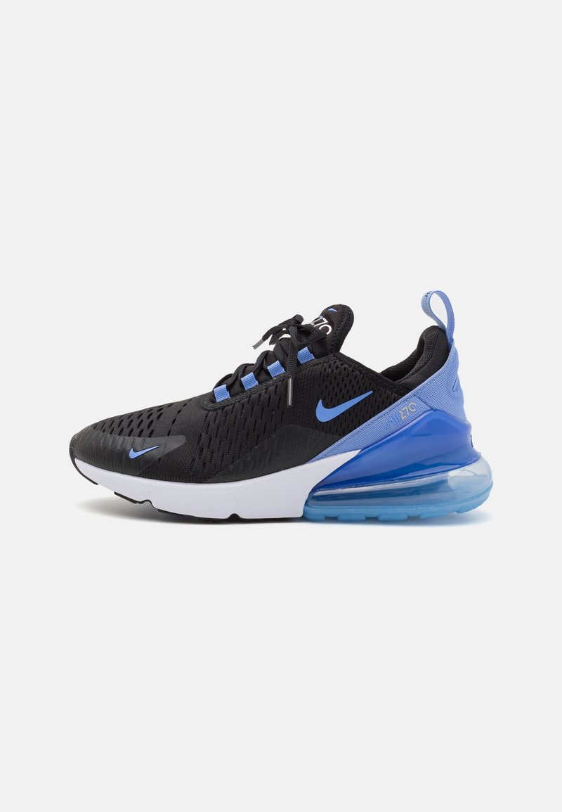 Baskets Nike Air Max 270 noires et bleues avec tige en mesh, semelle à coussin d'air bleue translucide et lacets noirs sur fond blanc.