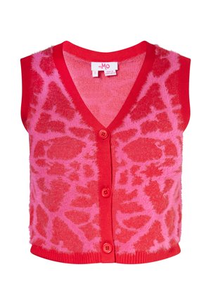 Rød og lyserød fluffy ærmeløs cardigan med knapper foran og abstrakt uregelmæssigt mønster, størrelse lille, lavet i Bangladesh.