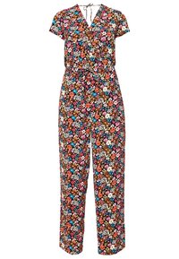 Jumpsuit floral con mangas cortas, escote en V, lazo ajustable en el cuello, cintura ceñida y piernas anchas de corte holgado en varios colores.