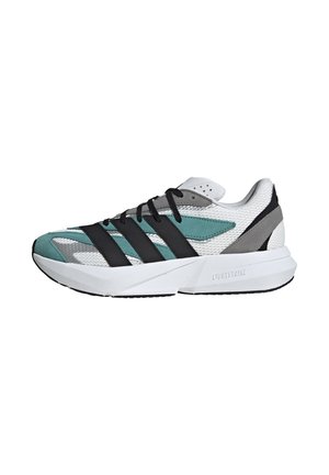 Sport sneaker with a mesh upper in white and teal accents, black stripes, and a grey heel. Features a chunky white midsole with "LIGHTSTRIKE" branding.