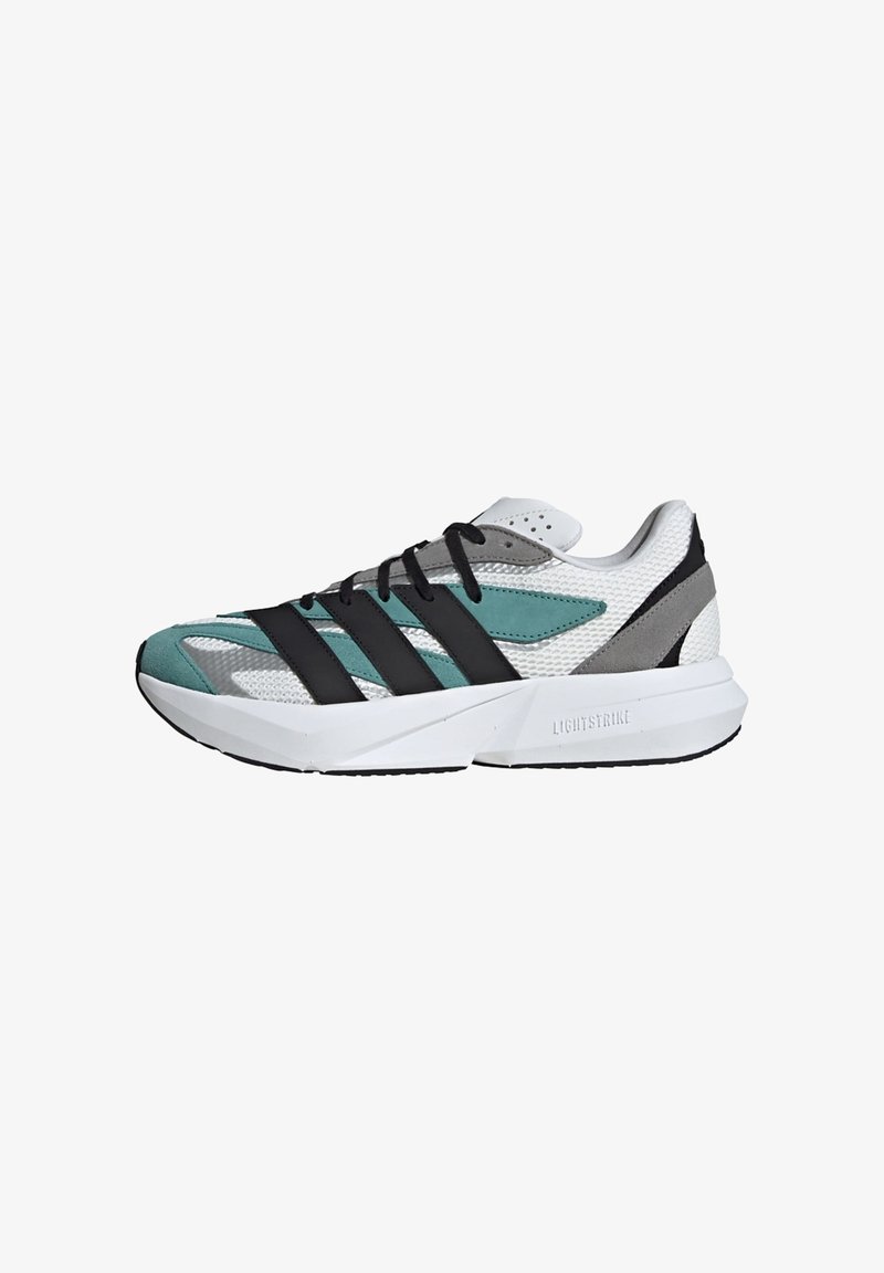 Sport sneaker with a mesh upper in white and teal accents, black stripes, and a grey heel. Features a chunky white midsole with "LIGHTSTRIKE" branding.