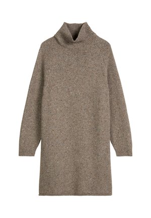 Flauschiges Strick-Turtleneck-Kleid in Hellbraun mit strukturiertem Erscheinungsbild. Verfügt über lange Ärmel und eine lässige Passform, ideal zum Lagen-Look.