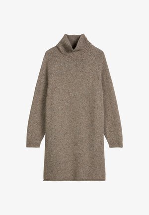 Flauschiges Strick-Turtleneck-Kleid in Hellbraun mit strukturiertem Erscheinungsbild. Verfügt über lange Ärmel und eine lässige Passform, ideal zum Lagen-Look.