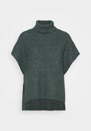 Pull à col roulé tricoté vert foncé avec manches courtes, présentant une coupe décontractée et des fentes latérales, fabriqué à partir d'un fil texturé.