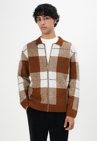Junger Mann, der einen braun-weißen karierten Reißverschluss-Pullover mit gerippten Bündchen und Kragen trägt, steht vor einem schlichten weißen Hintergrund.