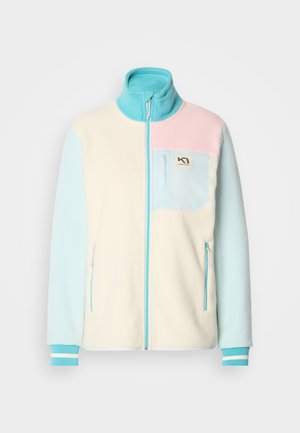 Fleece jacket with a high collar, featuring pastel colors: cream, light blue, and pink. Includes a front pocket and zippered side pockets.