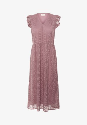 Lilla kleit V-kaelusega, lühikeste volangvarrukatega ja teemantmuster. Kanga ääres on keerukad pitsdetailid.