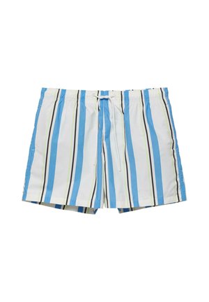 Męskie kąpielówki z pionowymi niebieskimi, białymi, czarnymi i jasnozielonymi paskami, elastycznym pasem i przednim wiązaniem na sznurek.