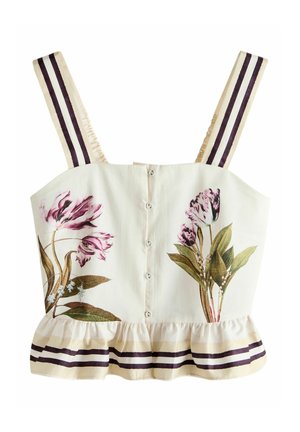 Cremefarbener Crop-Top mit Knopfleiste vorne, lila Blumenmuster, breite gestreifte Schulterträger und ein geraffter Saum mit passenden Streifen.