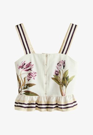 Cremefarbener Crop-Top mit Knopfleiste vorne, lila Blumenmuster, breite gestreifte Schulterträger und ein geraffter Saum mit passenden Streifen.