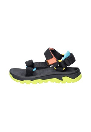 Sandalo sportivo nero con suola verde lime, cinturini regolabili con dettagli arancioni, blu e gialli, progettato per l'uso all'aperto.