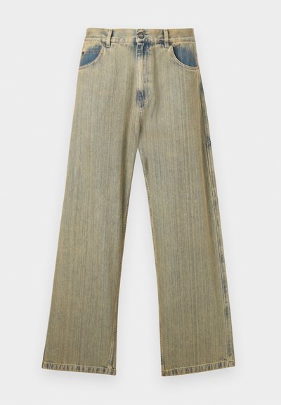 Wide-leg jeans in faded blue denim, featuring a high waist, contrasting pockets, and a straight-cut silhouette with subtle whiskering.