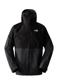 Czarna wodoodporna kurtka z kapturem, z dwukolorowym wzorem, pełnym zamkiem i logo The North Face na piersi.