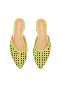 Lime green woven slide sandals with pointed toe, open back, and textured detailing. Soft leather insole with brand logo printed inside.