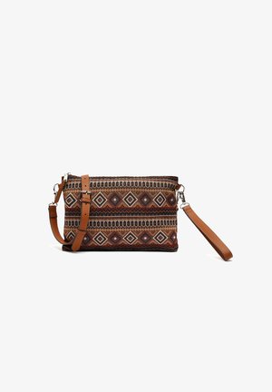 Woven fabric clutch bag featuring geometric patterns in brown, cream, and red. Includes a brown leather strap and adjustable shoulder strap.