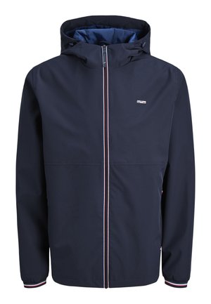 Tumesinine kapuutsiga jakk ees lukk, elastsete mansettide ja triibulise äärisega ning väike logo vasaku rinna ülaosas.