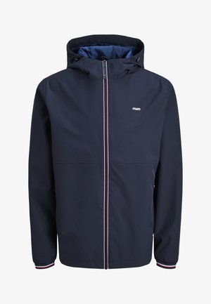 Tumesinine kapuutsiga jakk ees lukk, elastsete mansettide ja triibulise äärisega ning väike logo vasaku rinna ülaosas.