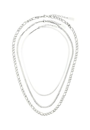 Three silver chains with different link styles and thicknesses arranged in concentric loops on a white background.