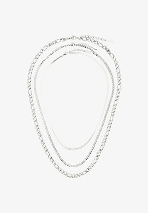Three silver chains with different link styles and thicknesses arranged in concentric loops on a white background.