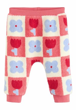 Fleece'owe spodnie dla małych dzieci w kratkę, z czerwonymi tulipanami i niebieskimi kwiatami na kremowym tle. Różowa guma w pasie i mankiety.