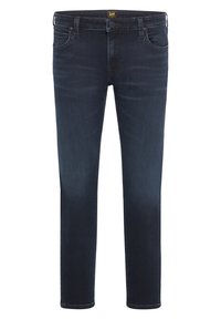 Jeans de mezclilla azul oscuro con cinco bolsillos, cremallera y un diseño de pierna recta. Textura suave con un ligero desvanecimiento sutil cerca de las rodillas.