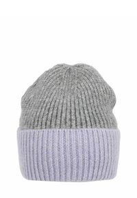 Gray knitted beanie with a textured finish and a light purple ribbed cuff. Soft material, rounded shape, and seamless top.