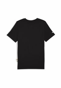 Sort kortærmet t-shirt vist fra ryggen, med rund halsudskæring og et lille logo på den øverste ærme.