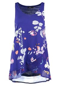 Fioletowa bluzka bez rękawów z warstwowym dołem, ozdobiona kwiatowym wzorem w kolorach różowym, białym i żółtym. Wykonana z gładkiej tkaniny.