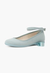 Light blue suede ballet flat with a rounded toe, a low block heel, and an ankle strap. Features a satin ribbon accent at the heel.