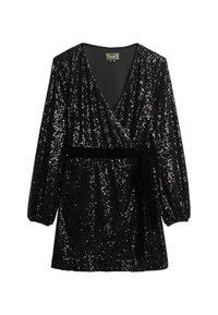 Robe portefeuille en sequins noirs avec un décolleté en V profond, de longues manches bouffantes et une ceinture en velours. Texture brillante avec une silhouette ajustée.
