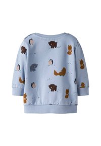 Gaiši zila džemperis ar dažādiem dzīvnieku rakstiem, tostarp ezīšiem, lāčiem un vāverēm, ar ribotām piedurknēm un apakšmalu.