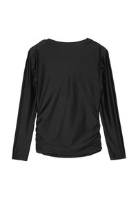 Schwarzes Langarmshirt aus glattem Stoff mit rundem Hals und gerafften Seitendetails für eine taillierte Silhouette.