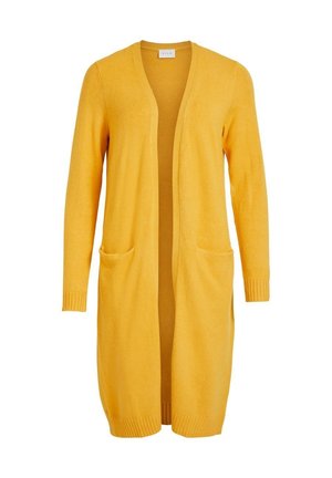 Długi żółty kardigan na otwartym przodzie z długimi rękawami, dwoma kieszeniami z przodu oraz ściągaczami na mankietach i dole.