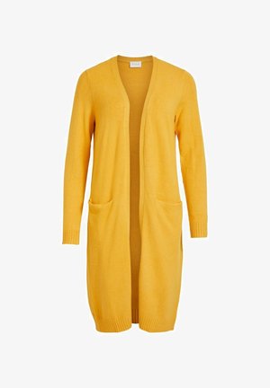 Cárdigan largo amarillo abierto al frente con mangas largas, dos bolsillos frontales y puños y dobladillo acanalados.