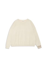 Světle béžový svetr s uvolněným střihem, kulatým výstřihem a dlouhými rukávy. Má žebrované manžety s jemným pruhovaným detailem. Měkká textura.