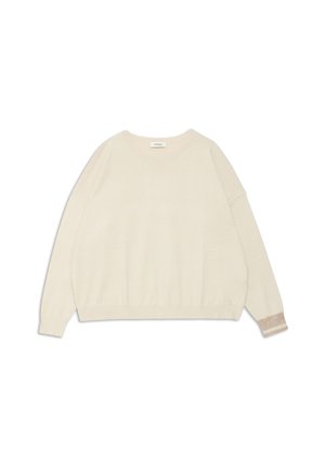 Svetlo béžový sveter s voľným strihom, okrúhlym výstrihom a dlhými rukávmi. Obsahuje rebrované manžety s jemným prúžkom. Mäkkučká textúra.